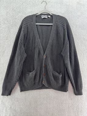 VTG Gulf Traders Grandpa Button Front Cardigan XL Gray Ramie Cotton Rib Knit